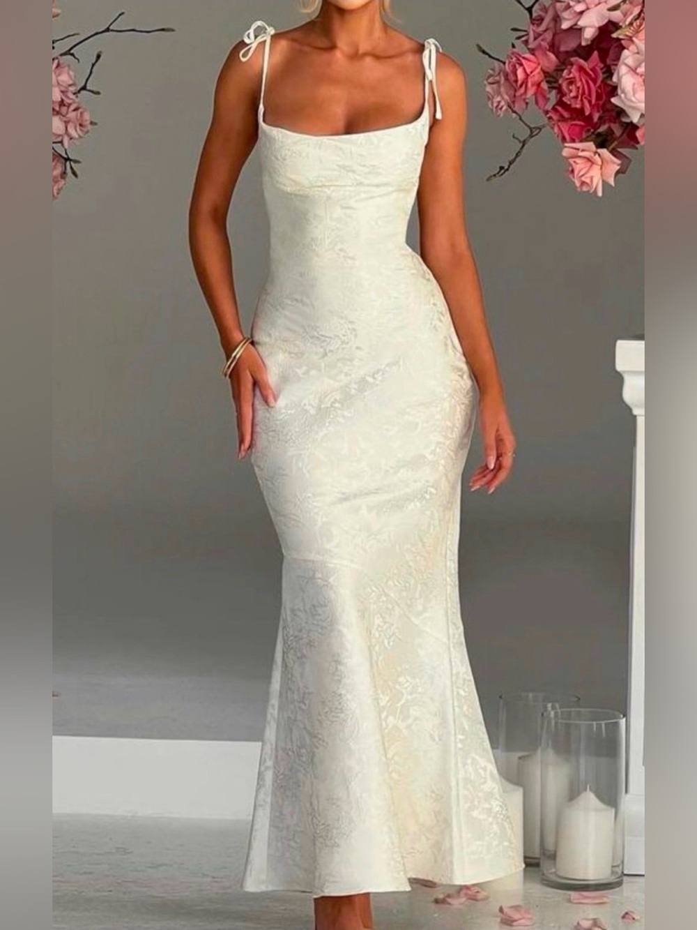 Elegant Strapless Tie-Shoulder Evening Dress in Ivory